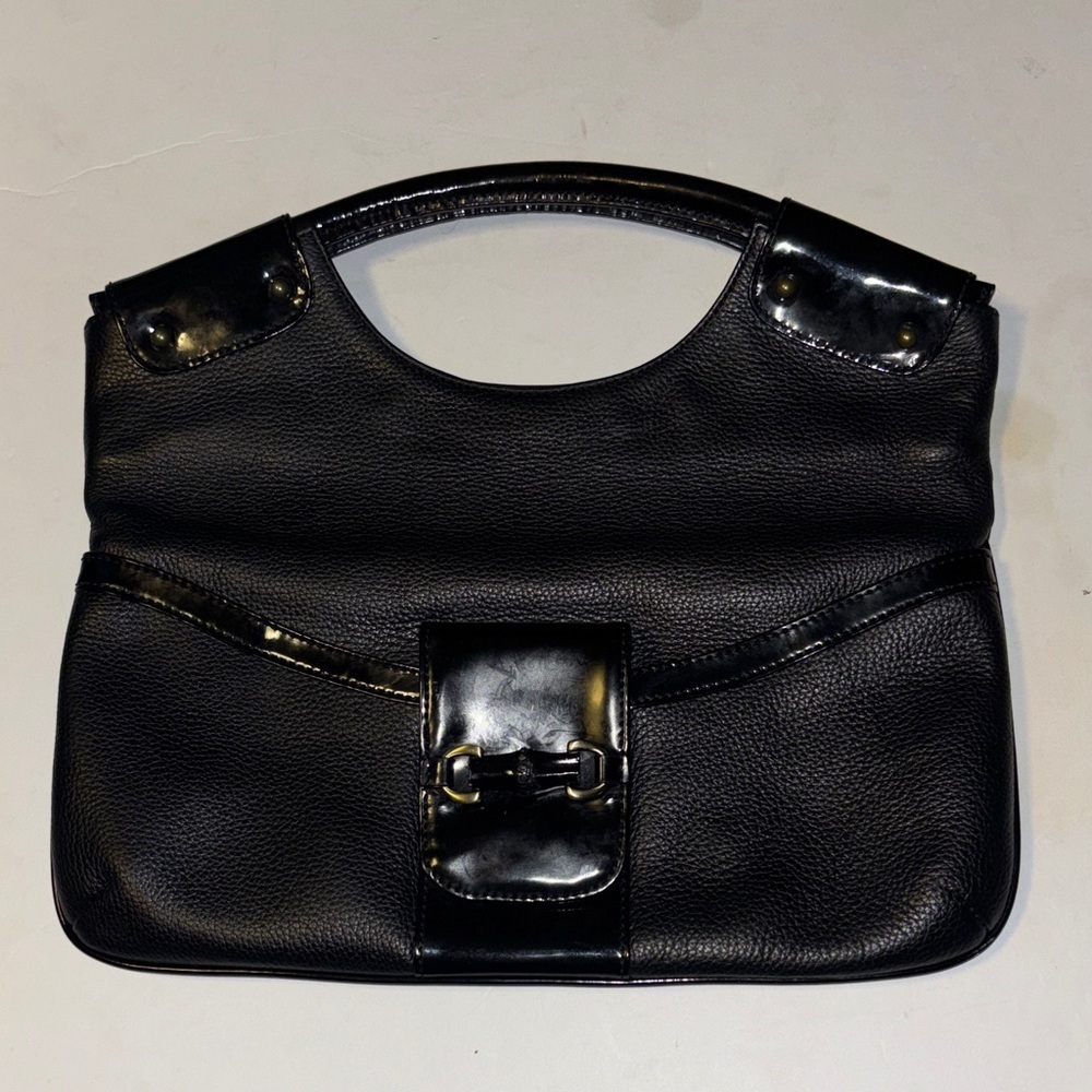 TALBOTS HANDBAG/CLUTCH PATENT AND FAUX LEATHER TOP HANDLE AND FOLD OVER DESIGN